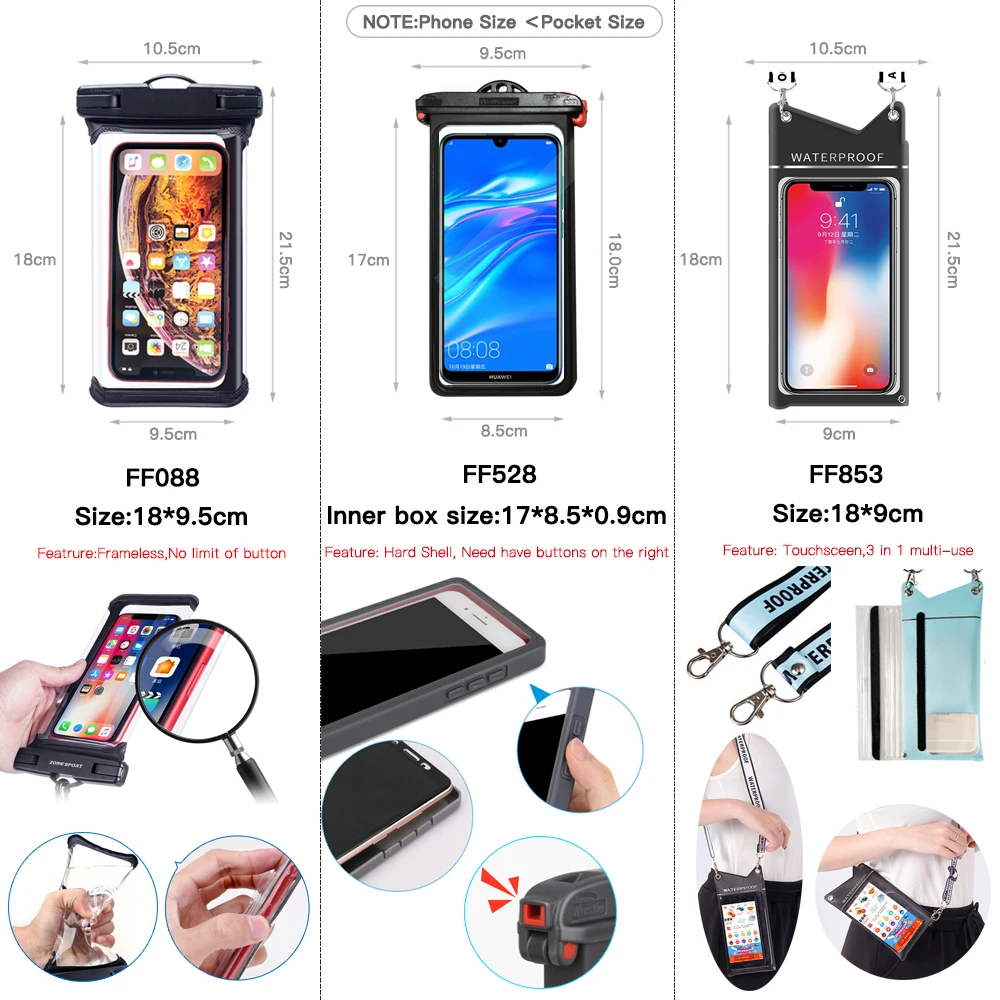 7.0 Inch Waterproof Swimming Diving Phone Bag Underwater Snowproof Frameless Touchscreen Phone Case Holder Travel Hot Spring