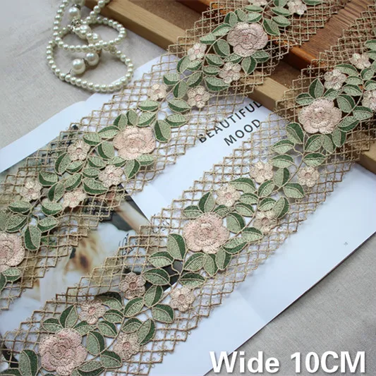 10CM Wide Elegant Green Cotton Polyester Venise Lace 3d Rose Flowers Embroidery Ribbon Garment Home Curtains Sewing Dress Decor