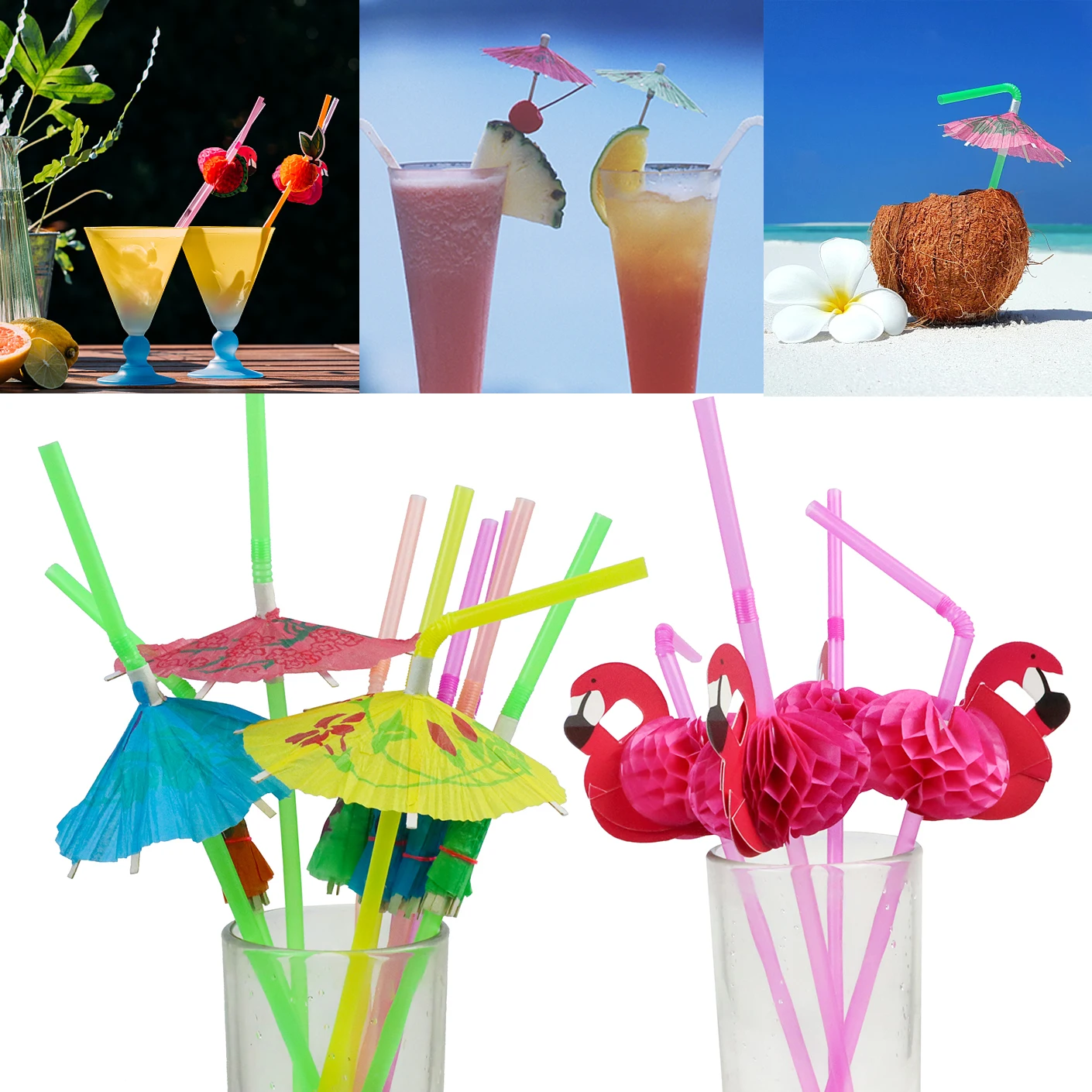 Summer Party Flamingo Straw Pineapple Paper Umbrella straw Cake Toppers Hawaiian Beach Party Decor Cupcake Topper for Birthday