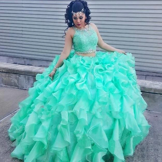 Twee Stukken 1960S Hoge Hals Quinceanera Jurk 2021 Sexy Holle Rits Crystal Lace Sweet 16 Jurken Plus Size Vestidos de 15 Anos