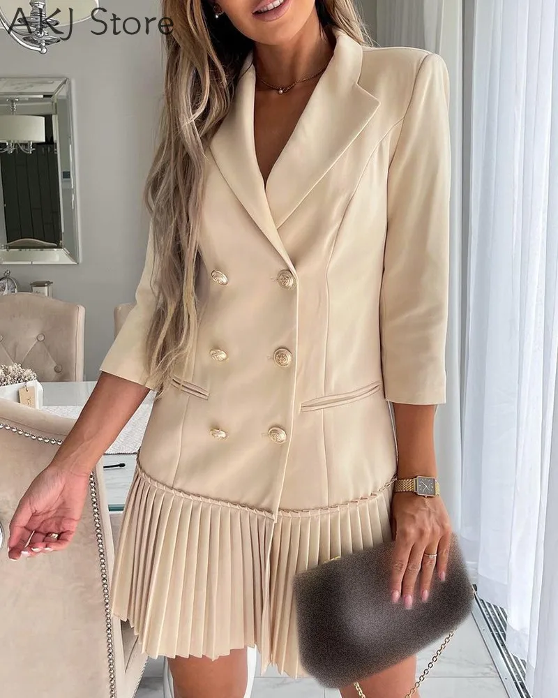 Women Elegant Double Breasted Pleated Blazer Dress