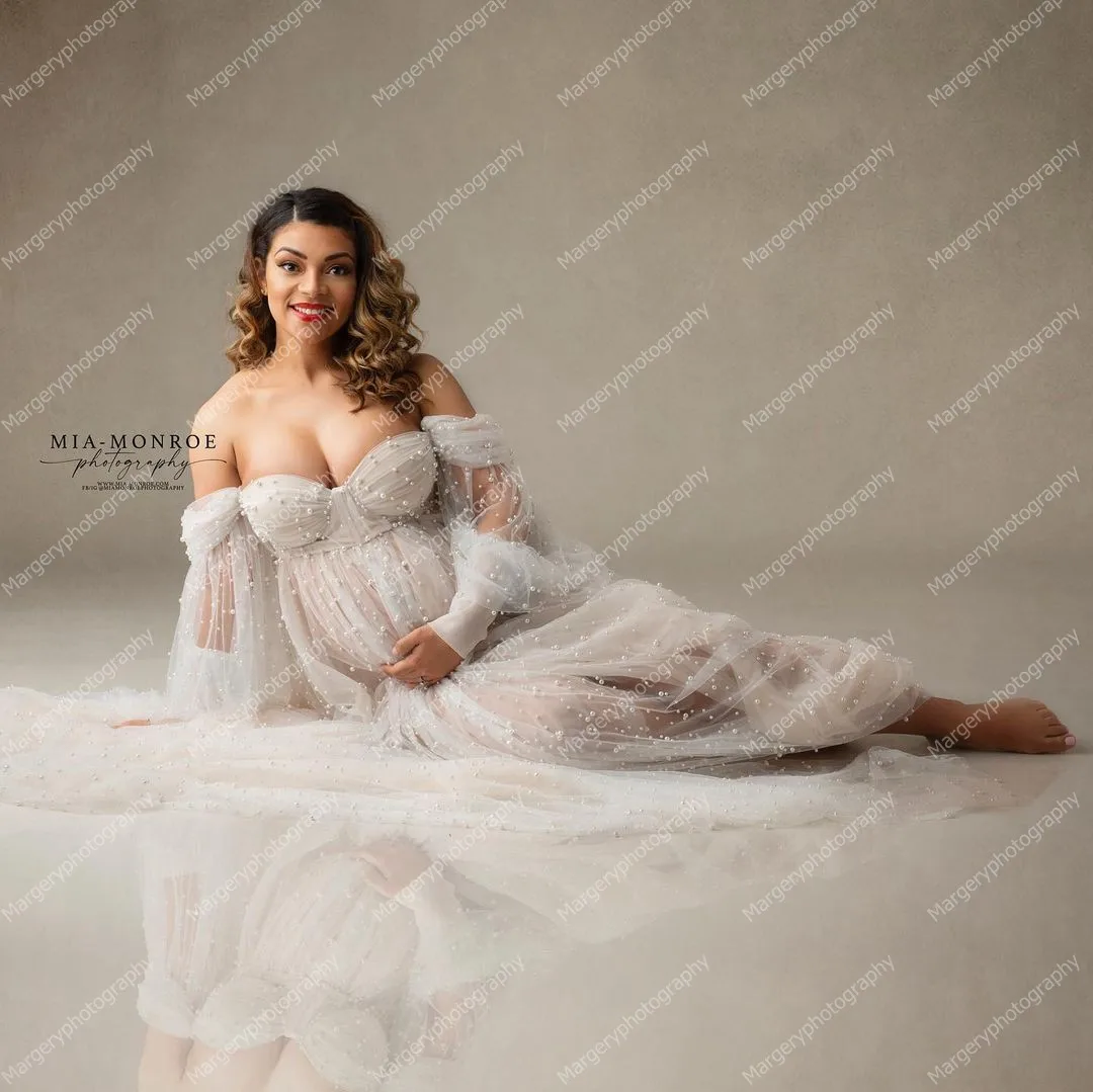 Vintage Pearls Tulle Maternity Dresses Sweetheart Long Sleeves Beaded Sheer See Through Sexy Plus Size Bridal Pregnancy Gown