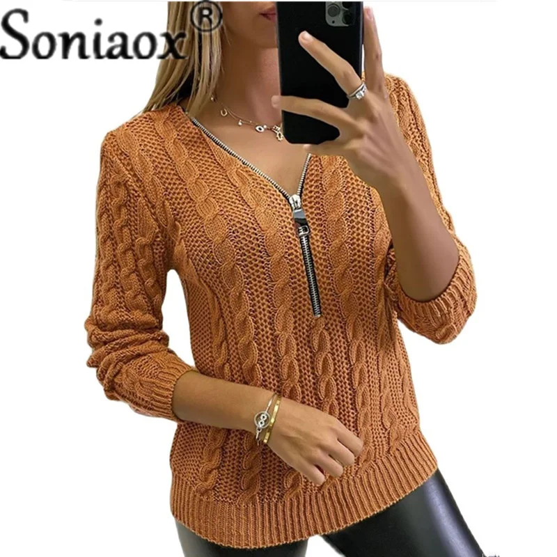 Suéter informal de manga larga para mujer, Jersey de punto con cremallera y giro, Color liso, para oficina, otoño e invierno, 2021