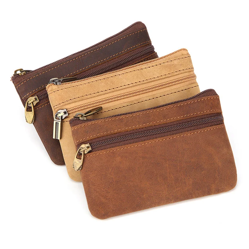 Vintage Genuine Leather Men\'s Coin Purse Zipper Wallet Retro Pocket Key Holder Small Money Bag Slim Purse For Male