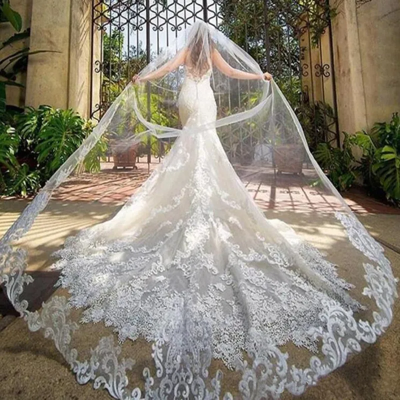 Voile de mariée en Tulle, longueur 3M 5M, avec appliques en dentelle, Long, personnalisé, une couche, avec peignes, nouvelle collection