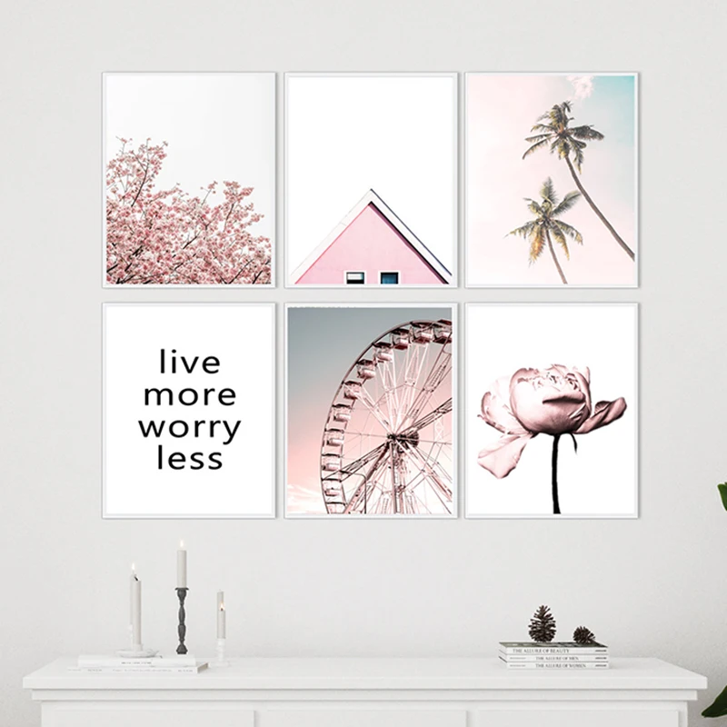 Nordic Style Blush Pink Flower Sky Ferris Wheel Poster And Prints Wall Art Palm Trees Canvas Painting Roof Building Pictures