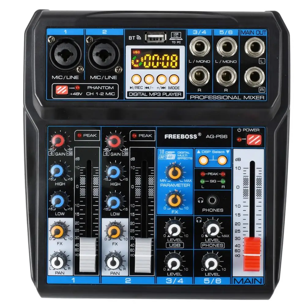 6 Channel DJ Mixing Console PC USB Record Bluetooth-Function Sound Card 16 Digital Effects DC 5V Audio Mixer AM-PSM AG-PS6