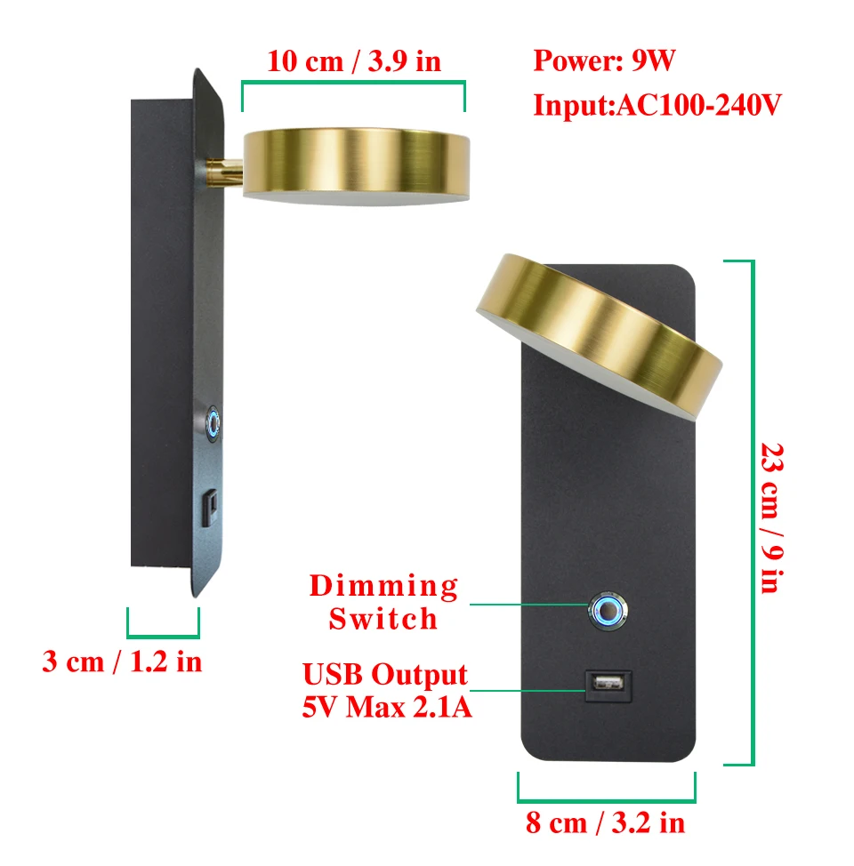 LITU-Applique Murale Moderne en Aluminium à Intensité Tactile, Luminaire Décoratif d\'Nik, avec Wild USB, Idéal pour un Salon ou un Couloir