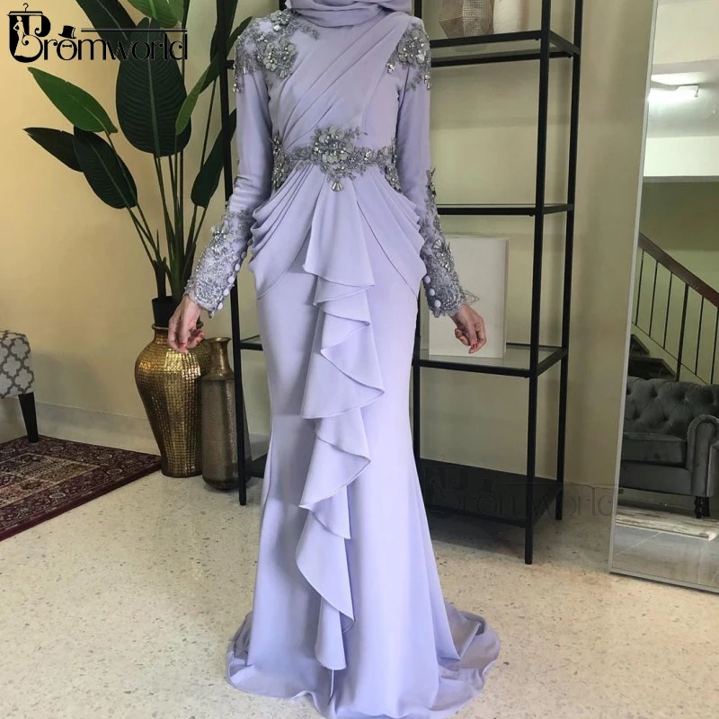 Vestidos De graduación color lila musulmán, Vestido Formal De manga larga con cuello alto, Hijab, sirena, gasa, vestidos De noche 2024