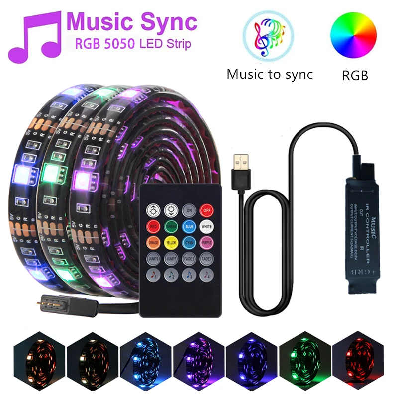 

Светодиодная лента с синхронизацией музыки, USB RGB 5050, гибкая светодиодная лента, освещение, музыкальный ИК-контроллер, подсветка телевизора