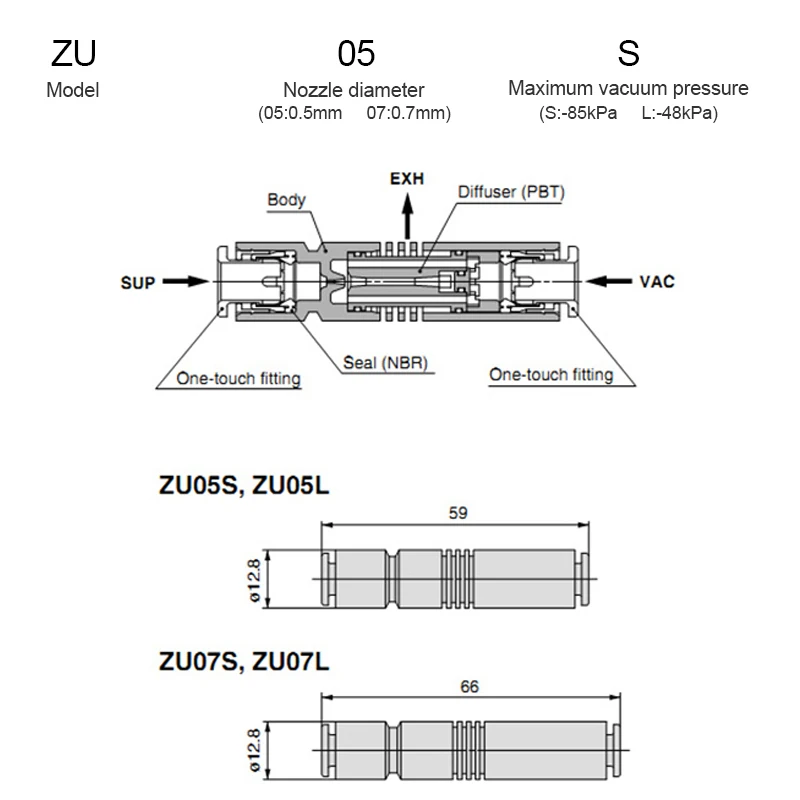 Per SMC chuck tipo diritto ZU05S ZU07S ZU05L ZU07L Pneumatico ZU Tubo generatore di vuoto di pressione negativa generatore di vuoto