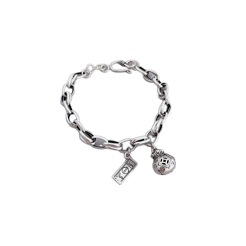 Korea S925 Sterling Silver Retro Do Old Dollar money Bag Chain Bracelet Female Personality Hip Hop Style For Women