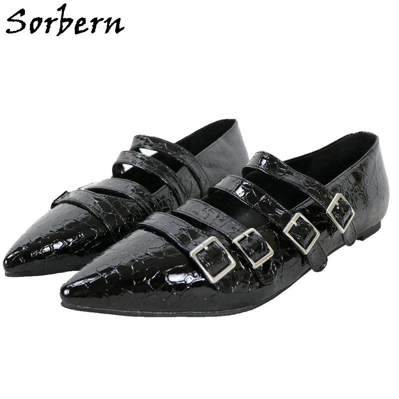 

Sorbern Black Shiny Stone Flats Women Pointed Toe Cuba Style Buckle Strap Special Shoes Ladies Private Orders Goth Summer