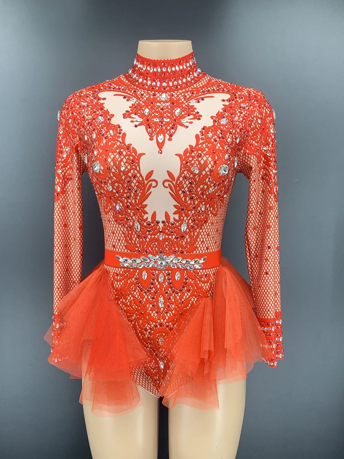 Bodysuit de strass brilhante para mulheres, manga longa, roupa do clube, traje de dança, show sexy, desempenho, desgaste do palco, vestido de aniversário