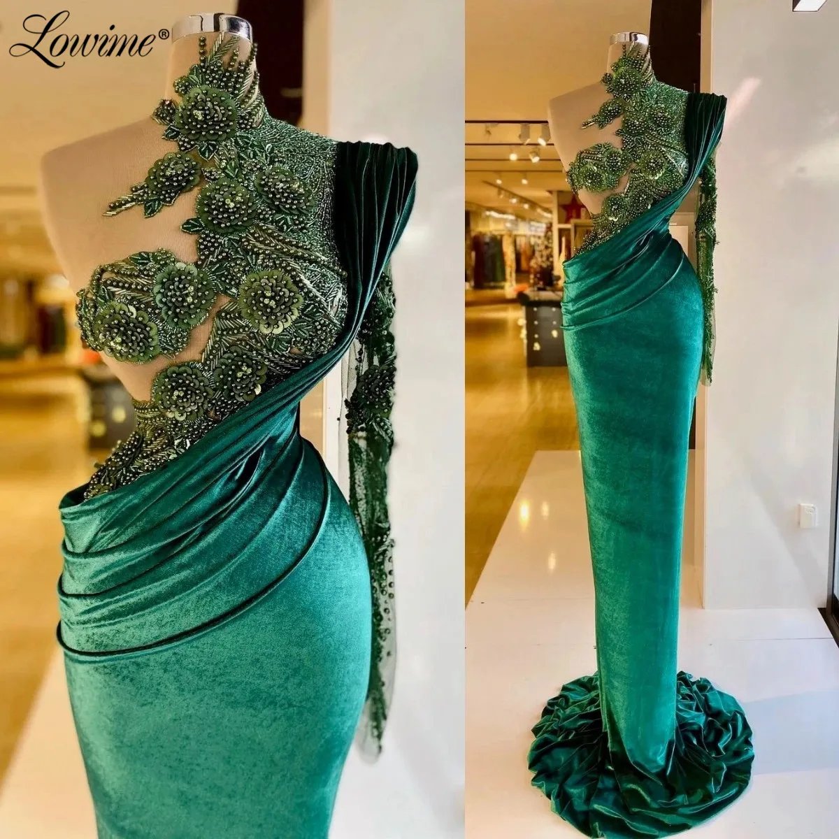 

Lowime Newest Long Velvet Green Mermaid Evening Dresses Beaded One Shoulder Prom Dresses Celebrity Wedding Party Robe De Soiree