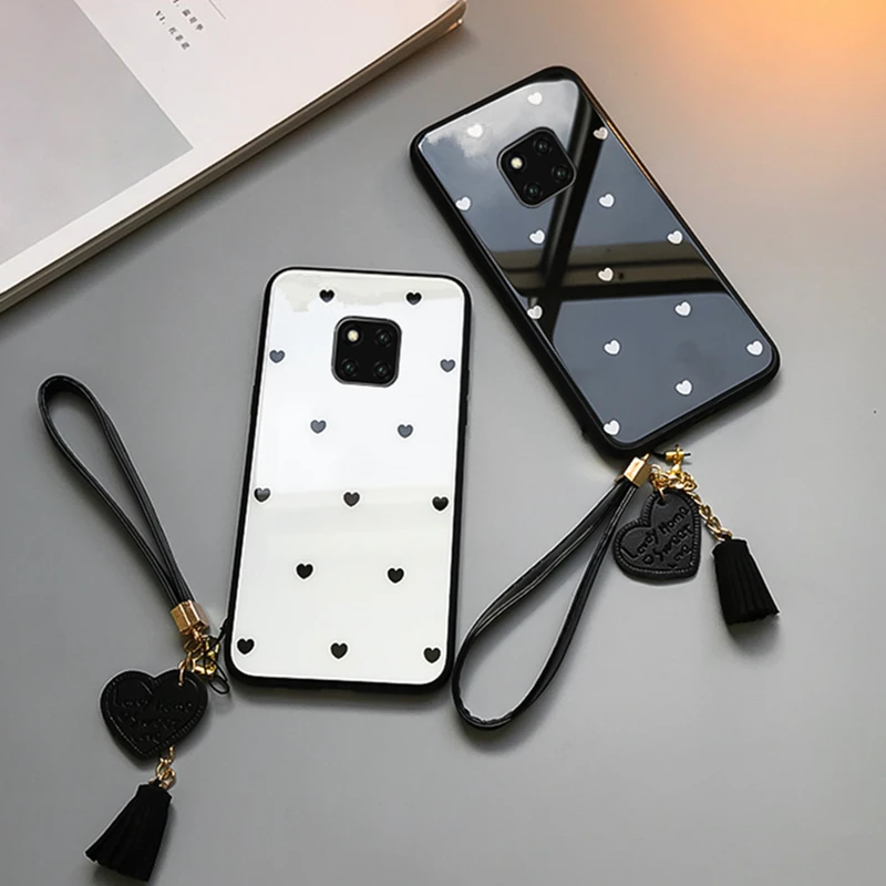 Tempered Glass Case For Huawei Mate 40 30 10 9 8 20 X Pro Love Heart Hard Cover For Huawei Mate 20lite Tassel lanyard Phone case