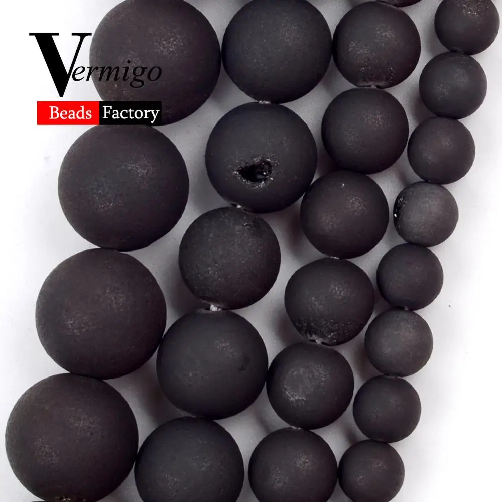 

Natural Frost Black Drusy Agates Stone Round Beads for Jewelry Making 6/8/10/12mm Spacer Beads Diy Bracelet Necklace Accessories