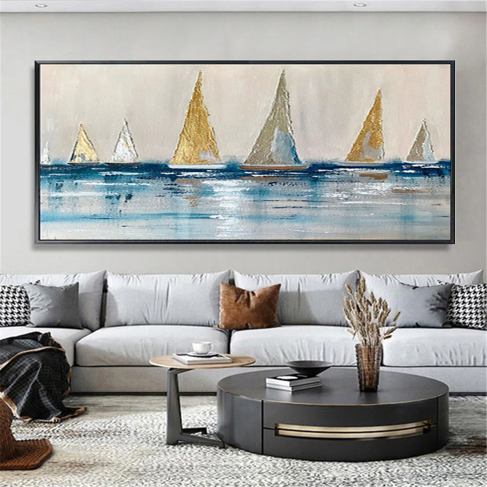 

Hand-Painted Natural Abstract Boat Landscape Oil Painting On Canvas Scandinavian Wall Art Picture For Living Room Decor Mural