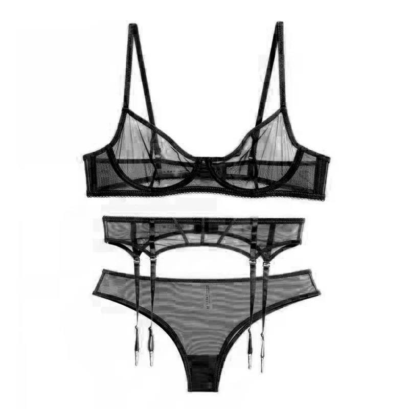 New Women Underwear Sexy Lace Ultra-thin Push Up Bra Set Transparent Mesh Temptation Lingerie 3-piece set Bras+Panties+Garter