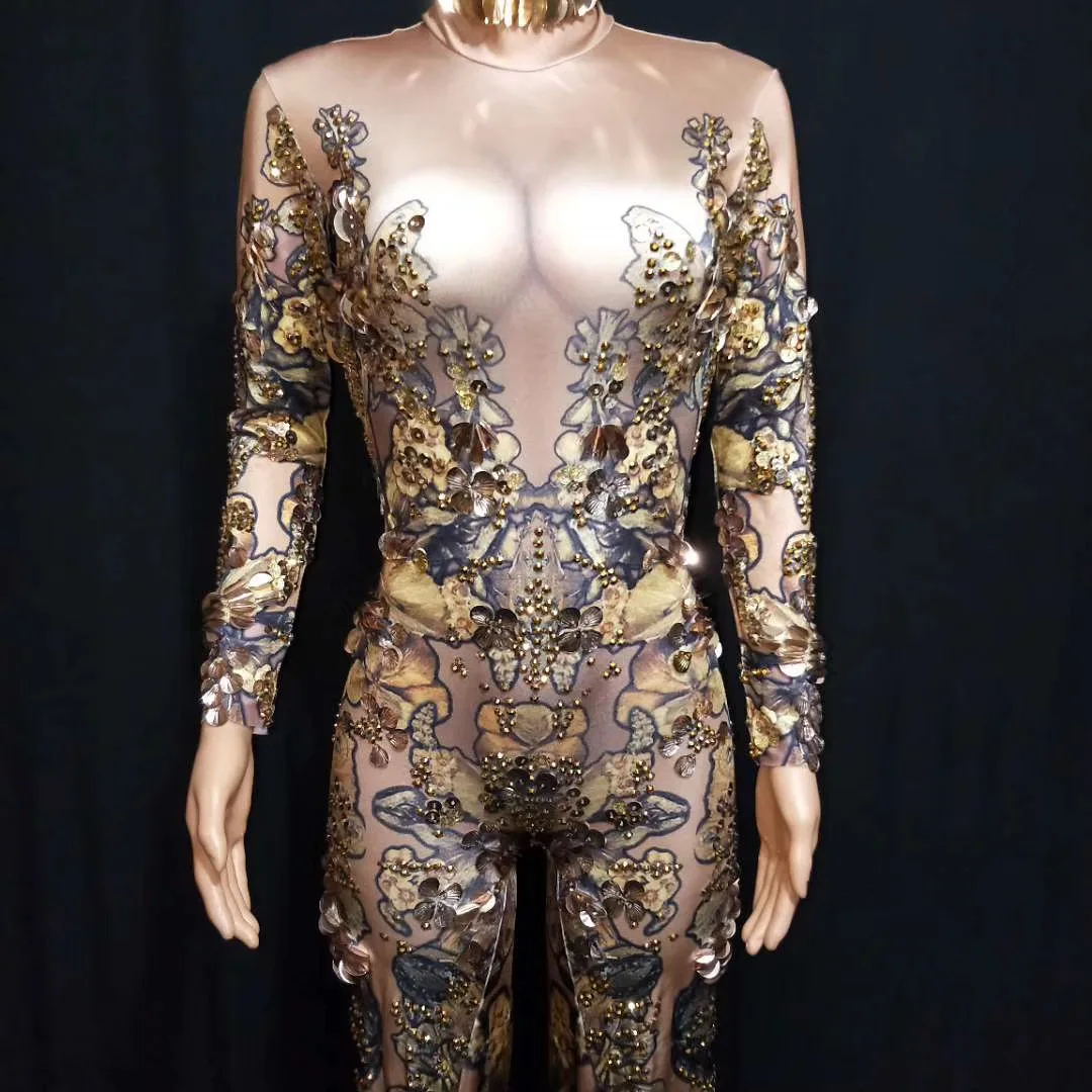 Gold Sparkling Women Rhinestones Sequins Jumpsuit Floral Pattern Printing Rompers Performance Drag Queen Costume Party Wear