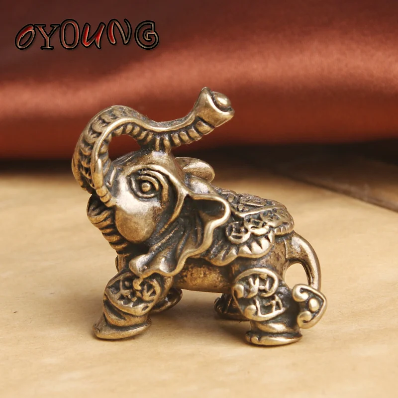 Copper Auspicious Elephant Statue Small Ornaments Retro Brass Feng Shui Animal Home Decor Office Desk Decorations Keyring Charms