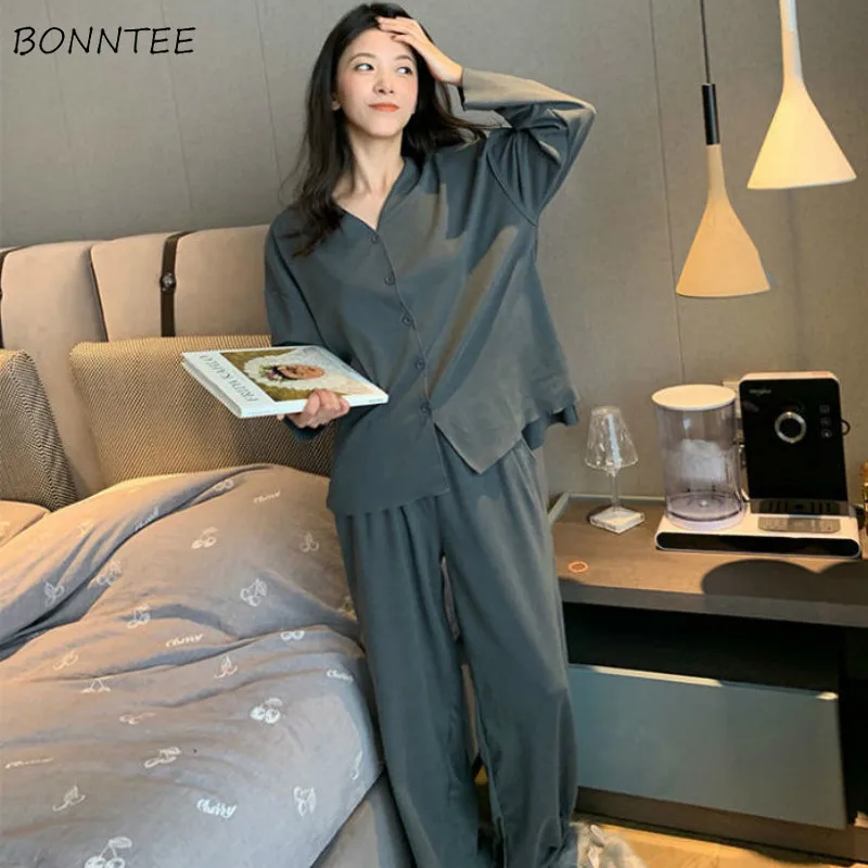 

Pajama Sets Women Autumn Solid V-Neck Long Sleeve Feminino Sleepwear Student Leisure Japanese Style Simple Home Loose New Chic