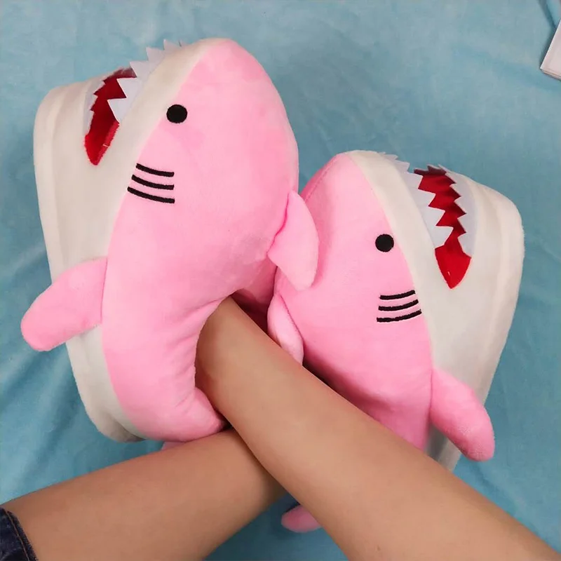 Pink shark furry slides ladies Creativity anime slip on floor slippers loves funny shark slippers winter home shoes women