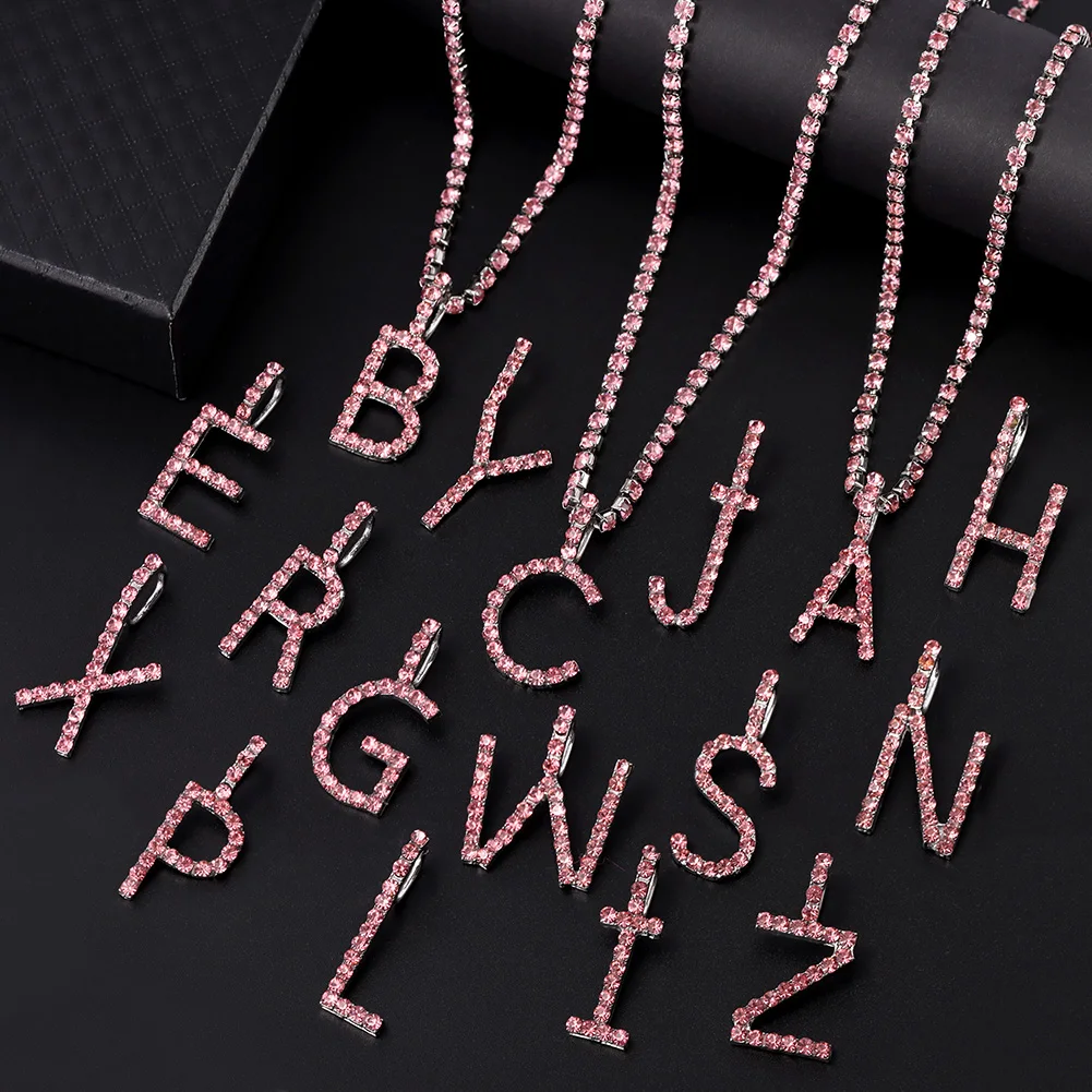 Bling Iced Out Rhinestone Tennis Chain Letter Pendant Necklace For Women Luxury Pink Crystal Initial Choker Necklace Jewelry