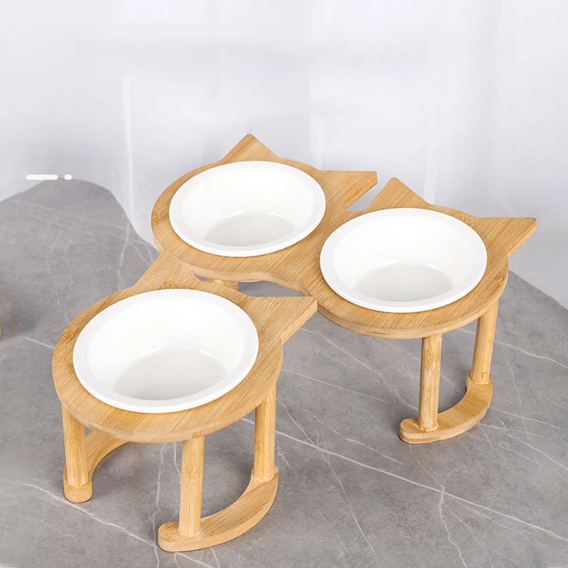 

Cat Bowl Pet Supplies Bamboo Wood Cat Food Bowl Ceramic Double Bowl Dog Bowl Cat Food Bowl High Foot Slant Neck Guard Tableware