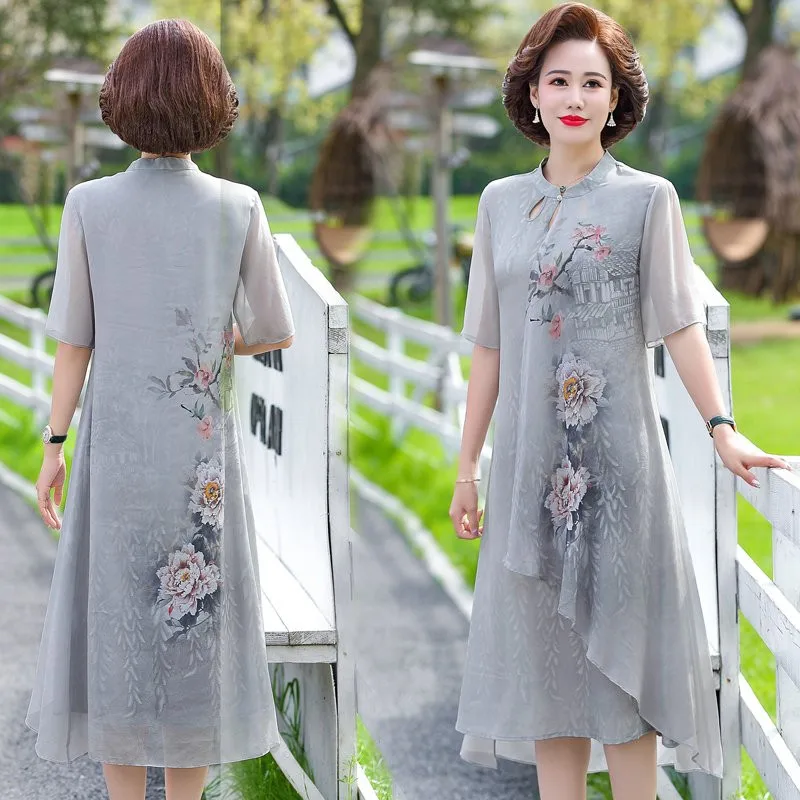 New Summer Silk Middle Aaged Women Chiffon Short Sleeve Midi Dress Female Elegant Mother  Dresses Vestitos