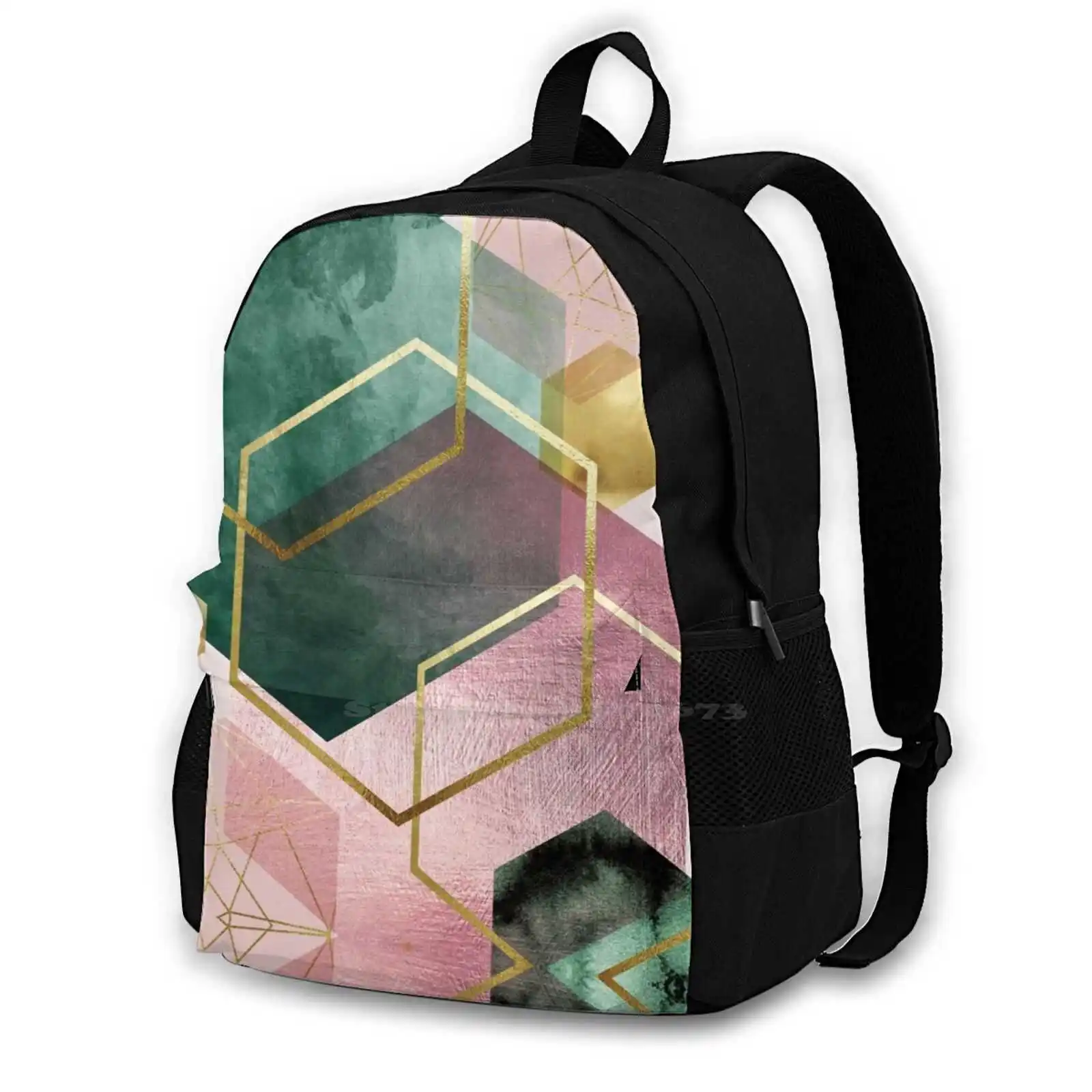 Emerald Green And Pink Geo No 1 New Arrivals Unisex Bags Student Bag Backpack Abstract Emerald Green Dark Green Hunter Green