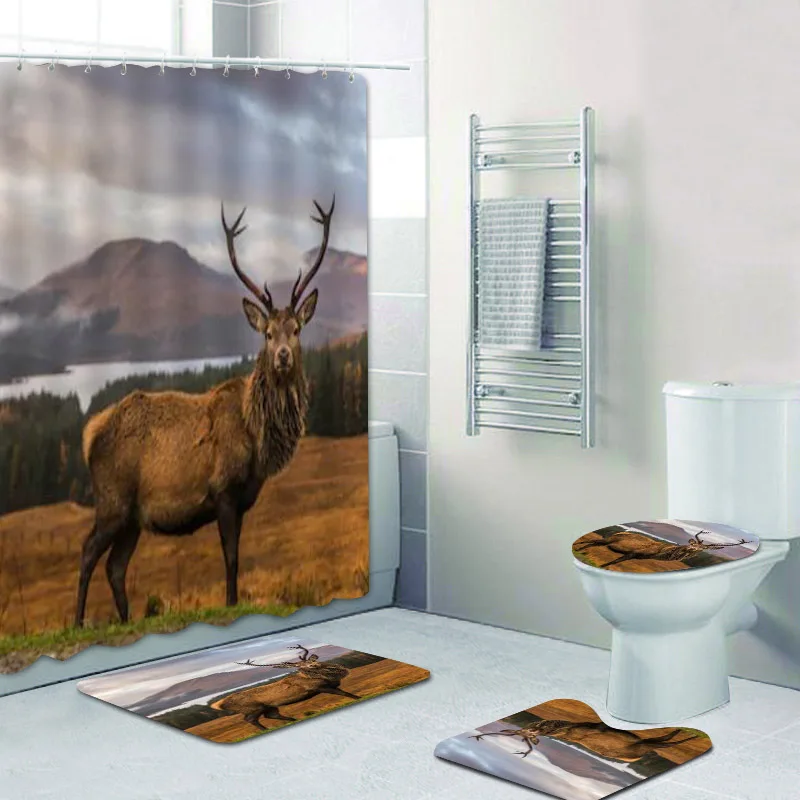 Nordic Portrait of Stag Elk Shower Curtain Bath Mat Rugs Highland Deer Antler Bathroom Accessories Wild Animal Toilet Home Decor