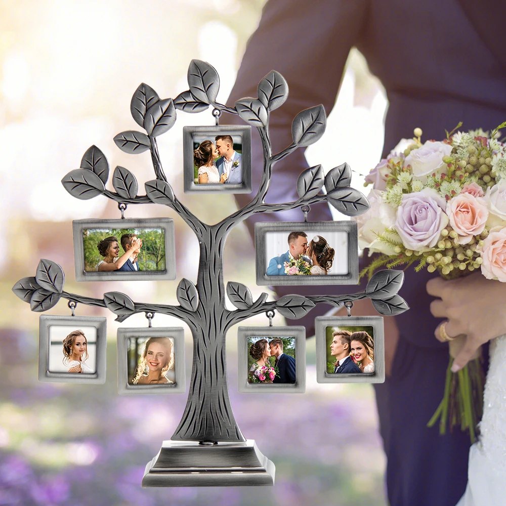 Family Tree Photo Frame with 7 Hanging Photo Frames Gold Metal Desktop Picture Frame Decoration