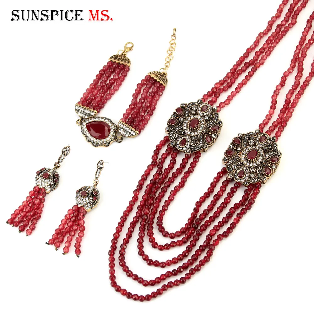 Sunspicems Handmade African Beads Jewelry Set Earring Necklace Bracelet for Women Turkish Natural Stone Retro Gold Color Bijoux