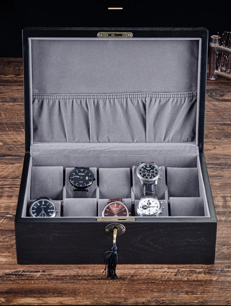 3/6/10 Slots Wood Watch Case Storage Box New Watch Box Organizer With Lock Black Watch Holder Fashion Watch Carry Case