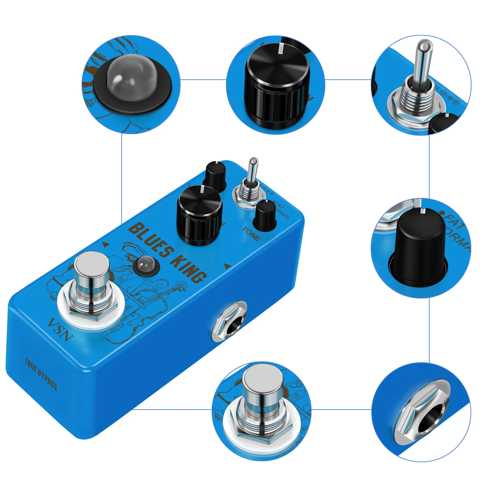 VSN-Pedal de guitarra Bluesy King, estilo Blues, efecto Overdrive, 2 modos, respuesta de frecuencia de amplio rango, Mini tamaño True Bypass LE