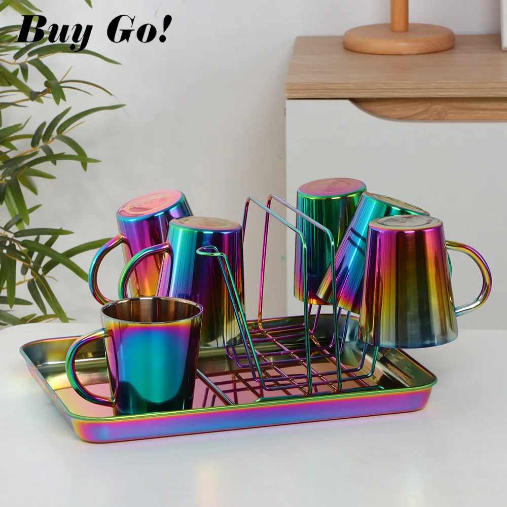 1-8PCS Stainless Steel Drinkware Coffee Mug Portable Milk Tea Cups With Cup Storage Holder Desktop Food Dessert Plate Kitchen