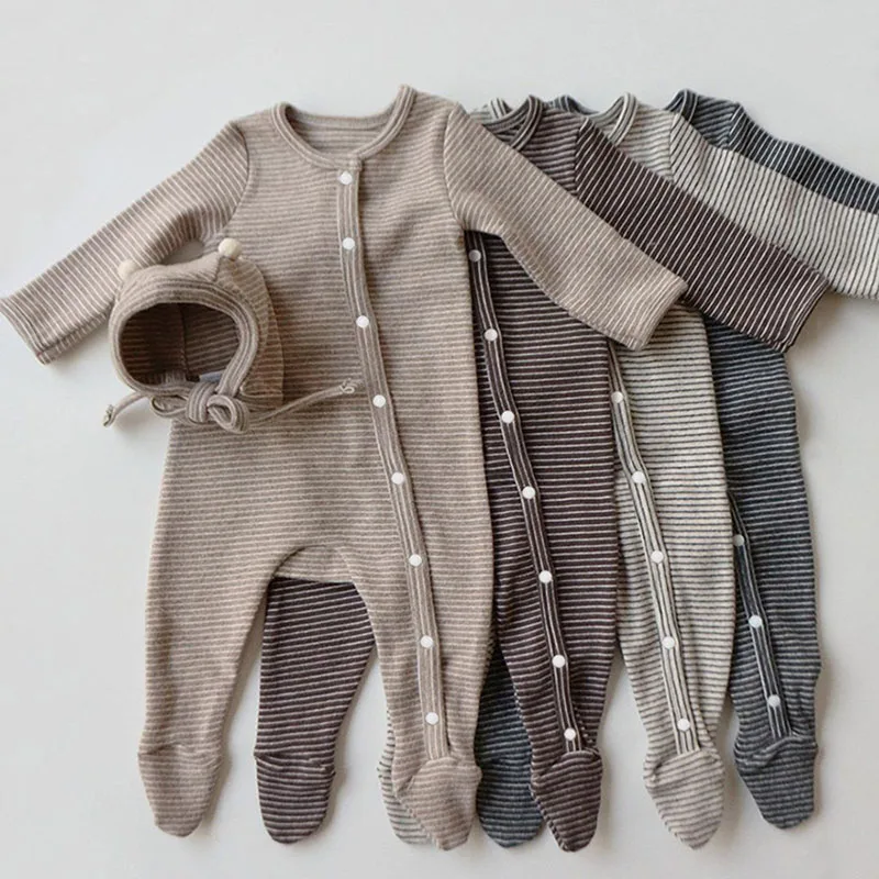 Korean Style Newborn Baby Girl Boys Cotton Long Sleeve Stripe Socks Jumpsuit Baby Girl Boys Bodysuits Spring Autumn Baby Clothes