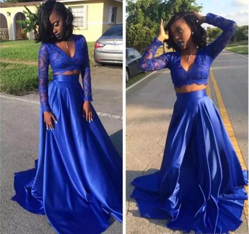 Vestido largo de fiesta de graduación, traje árabe de dos piezas con cuello en V, estilo africano, talla grande, hecho a medida, azul real