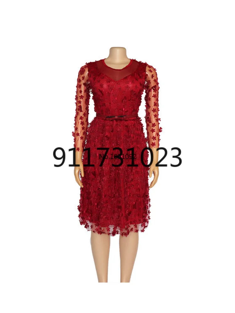 African Women Clothing Shiny Red A Line High Waist Belted Sexy Mesh Patchwork Ladies Party Wedding Evening Vintage Midi Dress