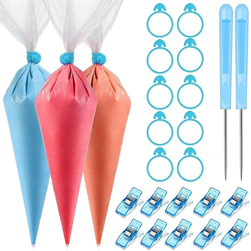 

H55A 122 PCS Tipless Piping Bags Disposable Cake Pastry Bag for Royal Icing Cookies Cake Decorating Bags Tool with Clips Awls