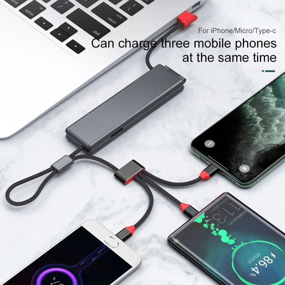 OATSBASF Foldable Portable 3 in 1 Charing USB Cable For iPhone Micro Type C Compatible with Huawei Xiaomi