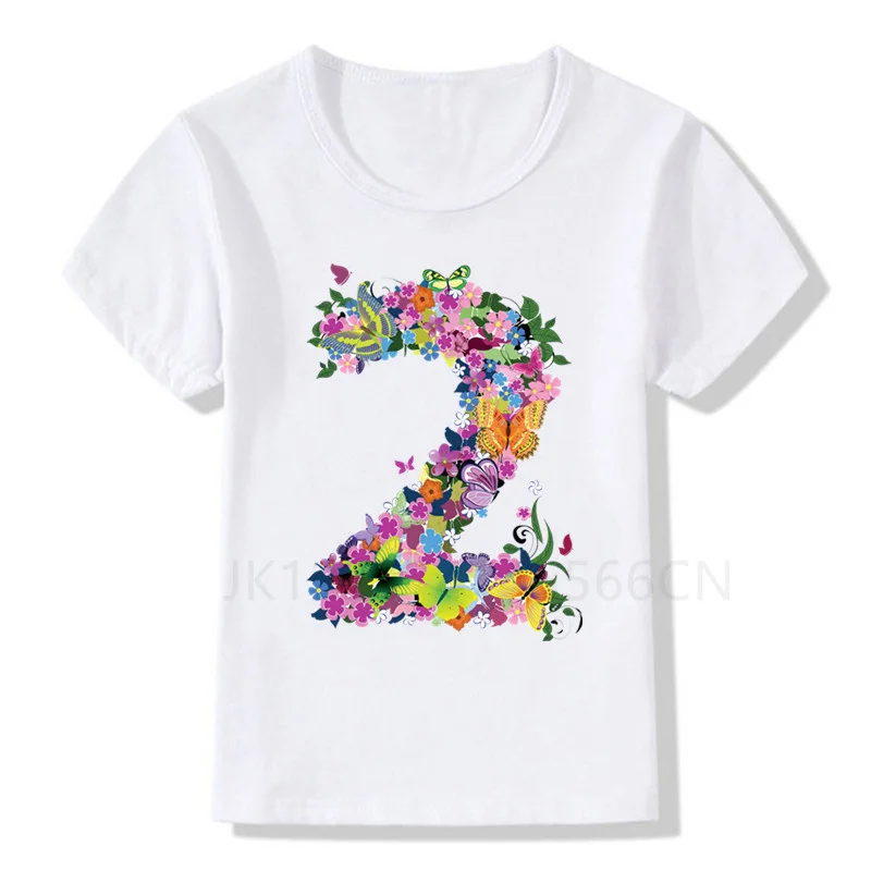 Kids Buterfly Flower 1-9 Birthday Number Print T Shirt Children Birthday Girl T-shirts Boy&Girl Funny Gift Tshirt Present