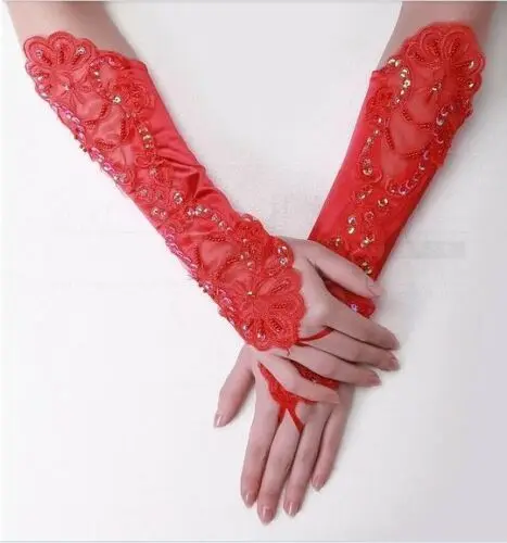 Guantes de satén de encaje con lentejuelas, rojo, para novia, fiesta, noche, Rojo