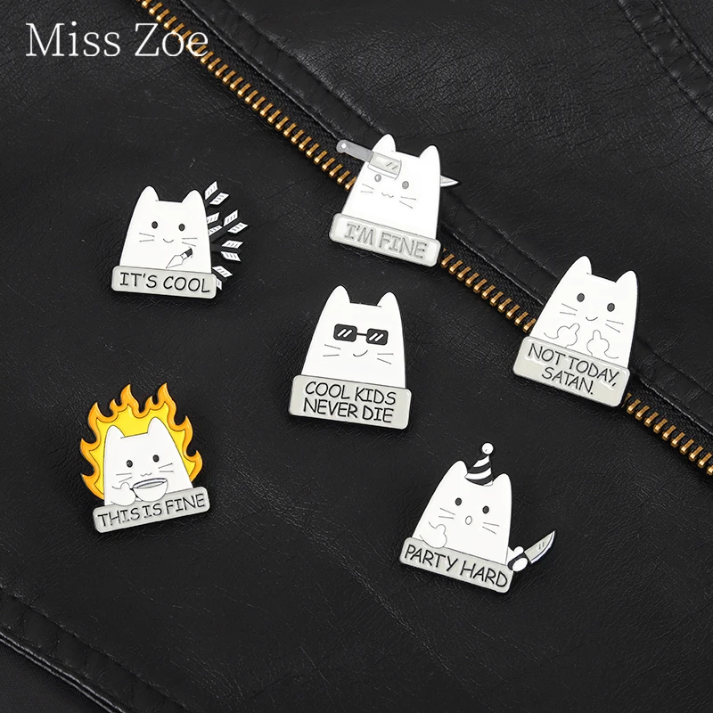 I'M FINE PARTY HARD Cute Animals Enamel Pin Custom Cool Dagger Cat Brooches Clothes Lapel Pins Bag Badges Jewelry Gift For Lover