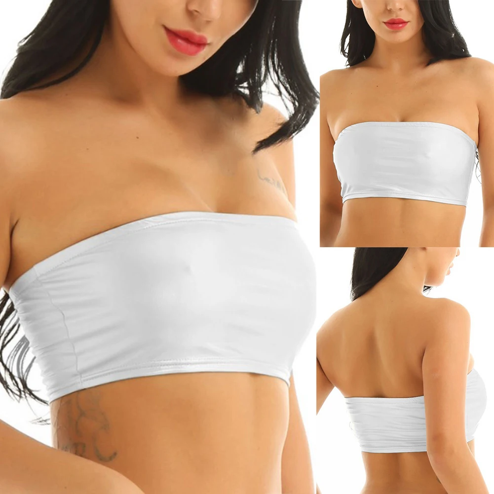 Women Sexy Solid Color Shiny Strapless Cropped Tube Top Party Club Bandeau Bra Elastic Boob Bandeau Tube Tops Shirt Cami Top