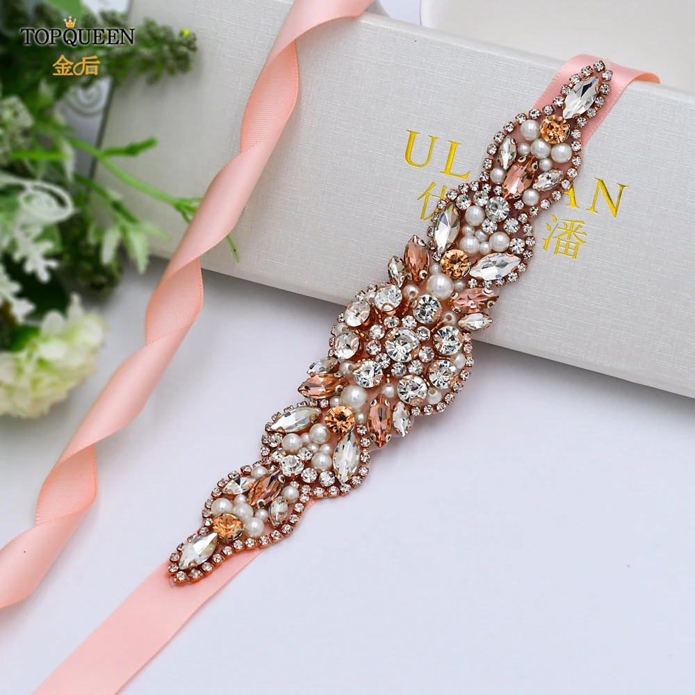 TOPQUEEN S426 luxury Rose Gold Wedding Belts Rhinestone Belts for Women Pearl Wedding Sashes Formal Gown Jeweled Ladies Belt