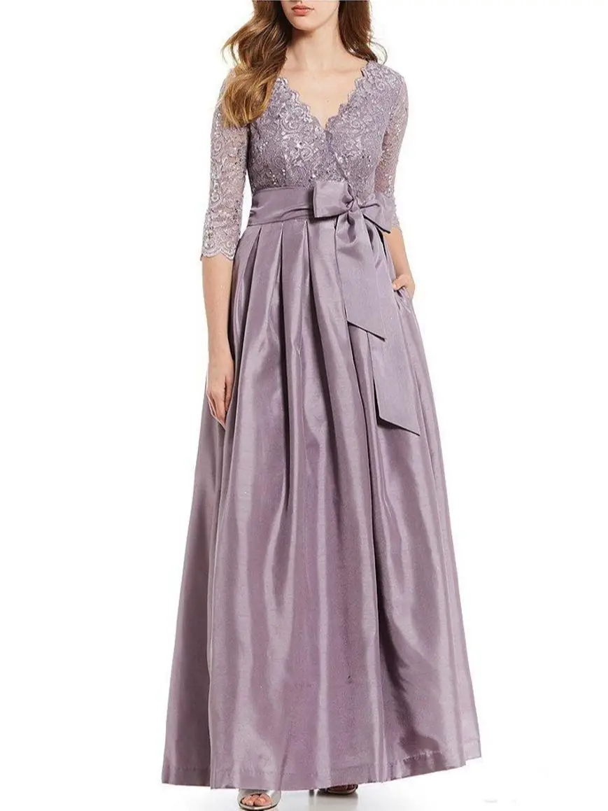 Lavender Mãe dos Vestidos de Noiva 3/4 Mangas Compridas V Neck Lace Beads Até O Chão Formais Vestidos de Festa Prom فساتين السهرة