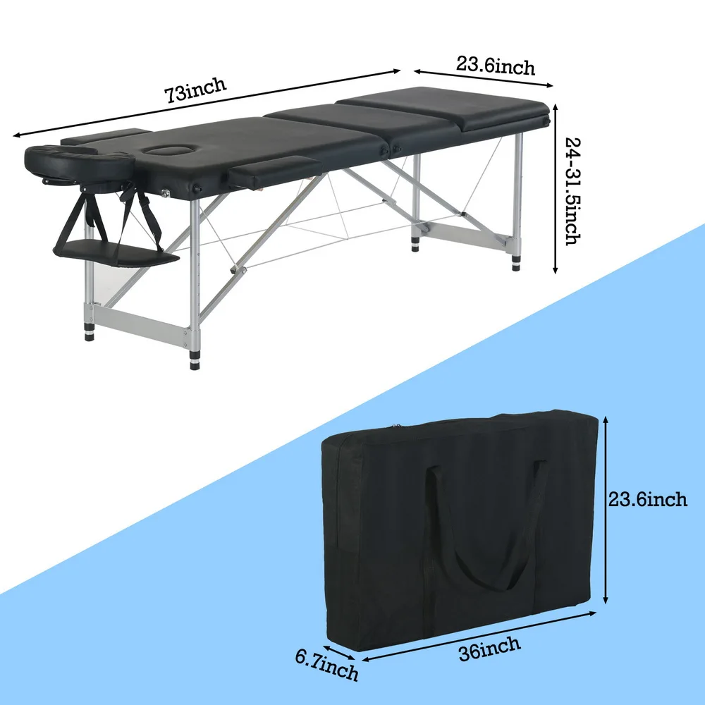 Beauty Massage Table Bed 3 Sections Folding Aluminum Foot 186x60x59CM Height Adjustable Versatile Portable Black[US-Stock]