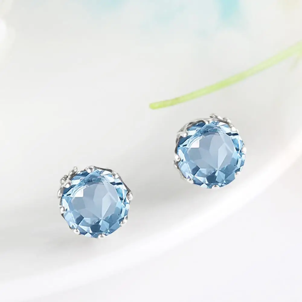 925 Sterling Silver Earrings Round Aquamarine Gemstones Korean Earrings for Women Original Vintage Charm  Fine Jewelry  New Sale